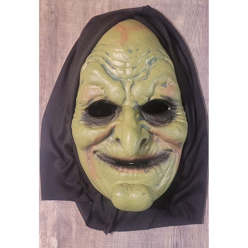 Gemmy 2014 Green Witch Halloween Mask with Black Hood Spooky Costume Accessory